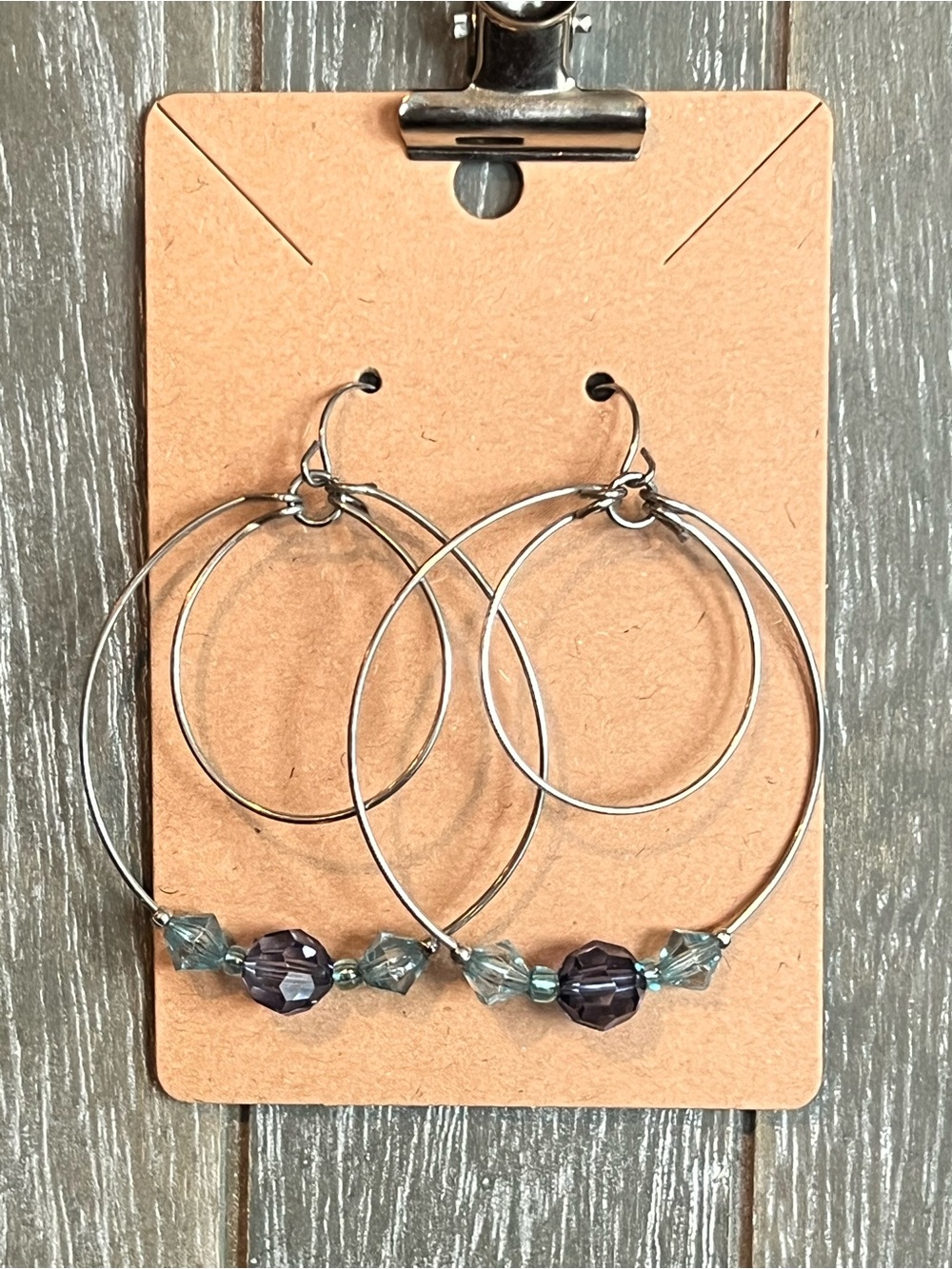 Vintage Double Hoop Glass Bead Dangle Earrings - Silver with Blue-Grey Beads